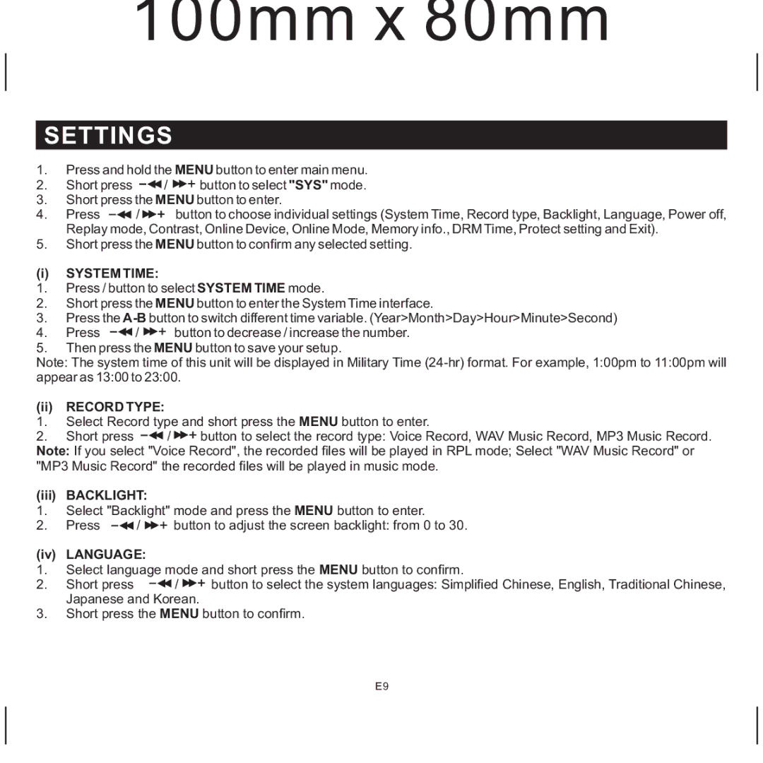 Jensen SMP-1GBEB, SMP-xGBEB user manual Settings, System Time, Ii Record Type, Iii Backlight, Iv Language 