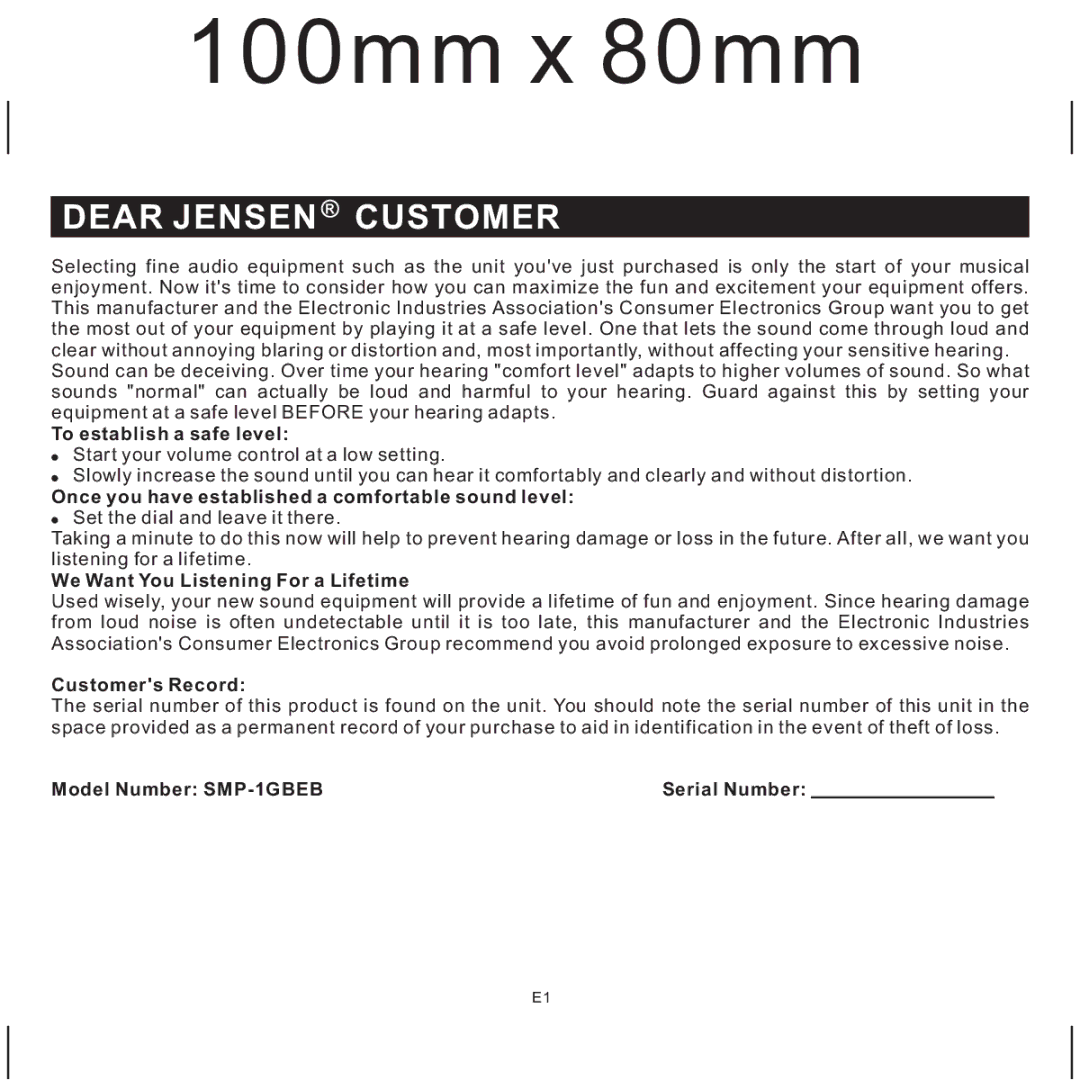 Jensen SMP-1GBEB, SMP-xGBEB user manual Dear Jensen Customer 