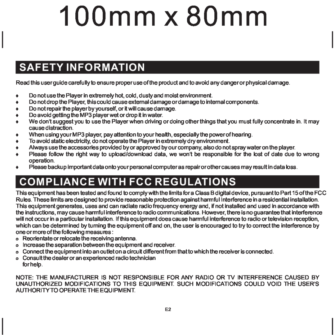 Jensen SMP-xGBEB, SMP-1GBEB user manual Safety Information, Compliance With Fcc Regulations, 100mm x 80mm 