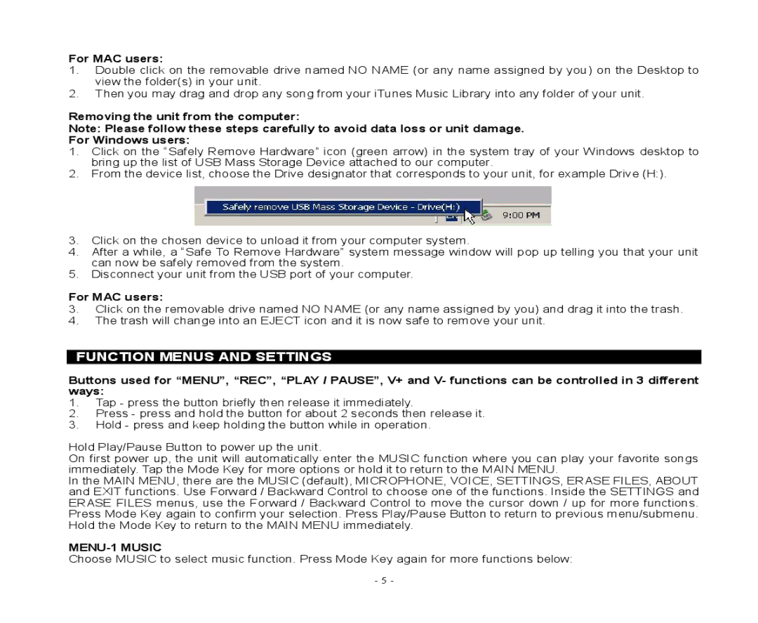 Jensen SMP-xGBL Function Menus and Settings, For MAC users, Removing the unit from the computer For Windows users 