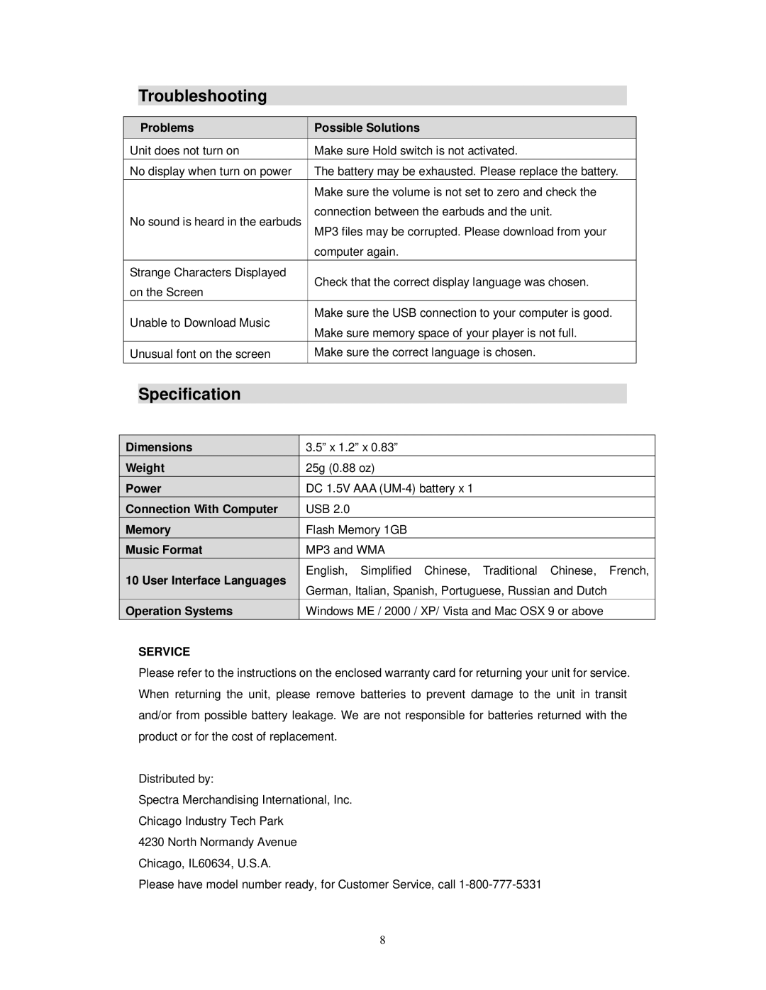 Jensen SMP-xGBUB, SMP-1GBUB user manual Troubleshooting, Specification 