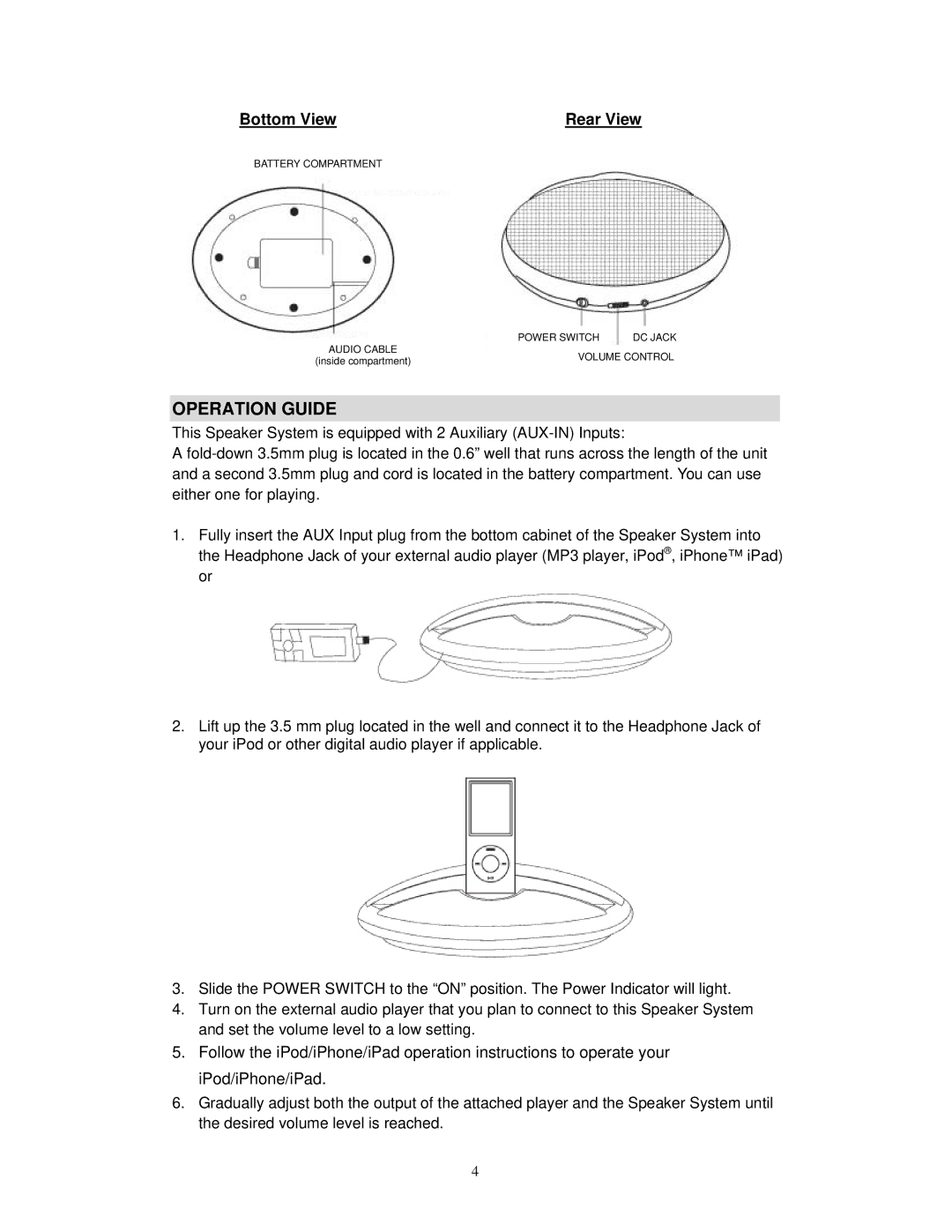 Jensen SMPS-125 user manual Operation Guide, Bottom View 