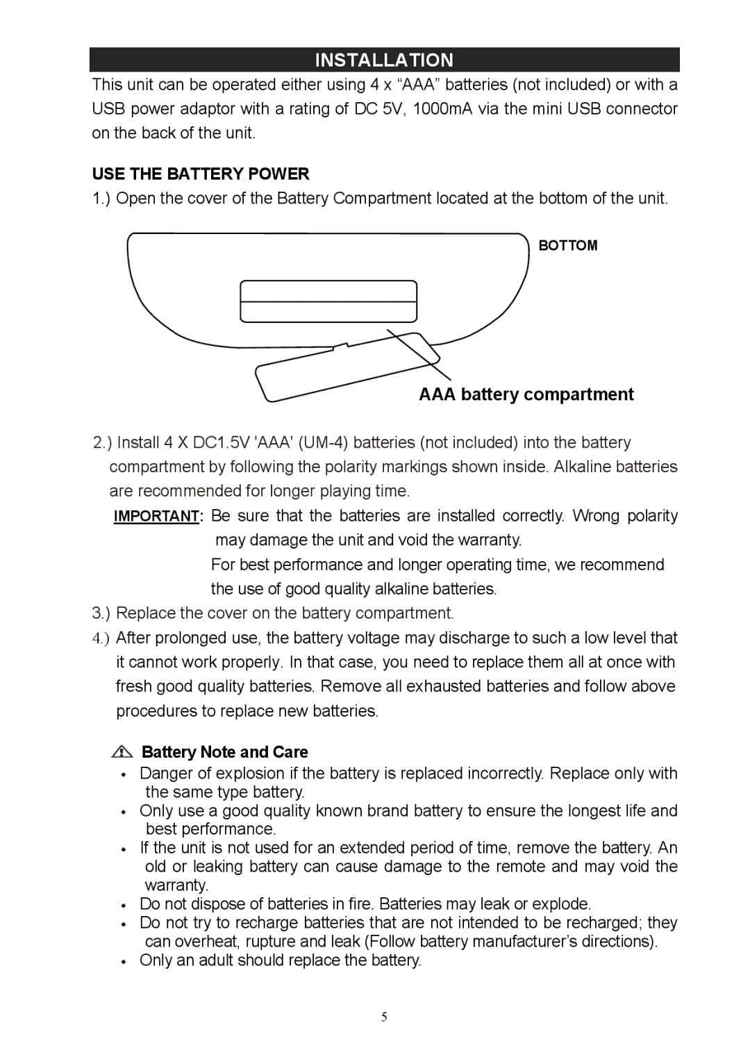 Jensen SMPS-200 user manual Installation, USE the Battery Power, AAA battery compartment, Battery Note and Care 