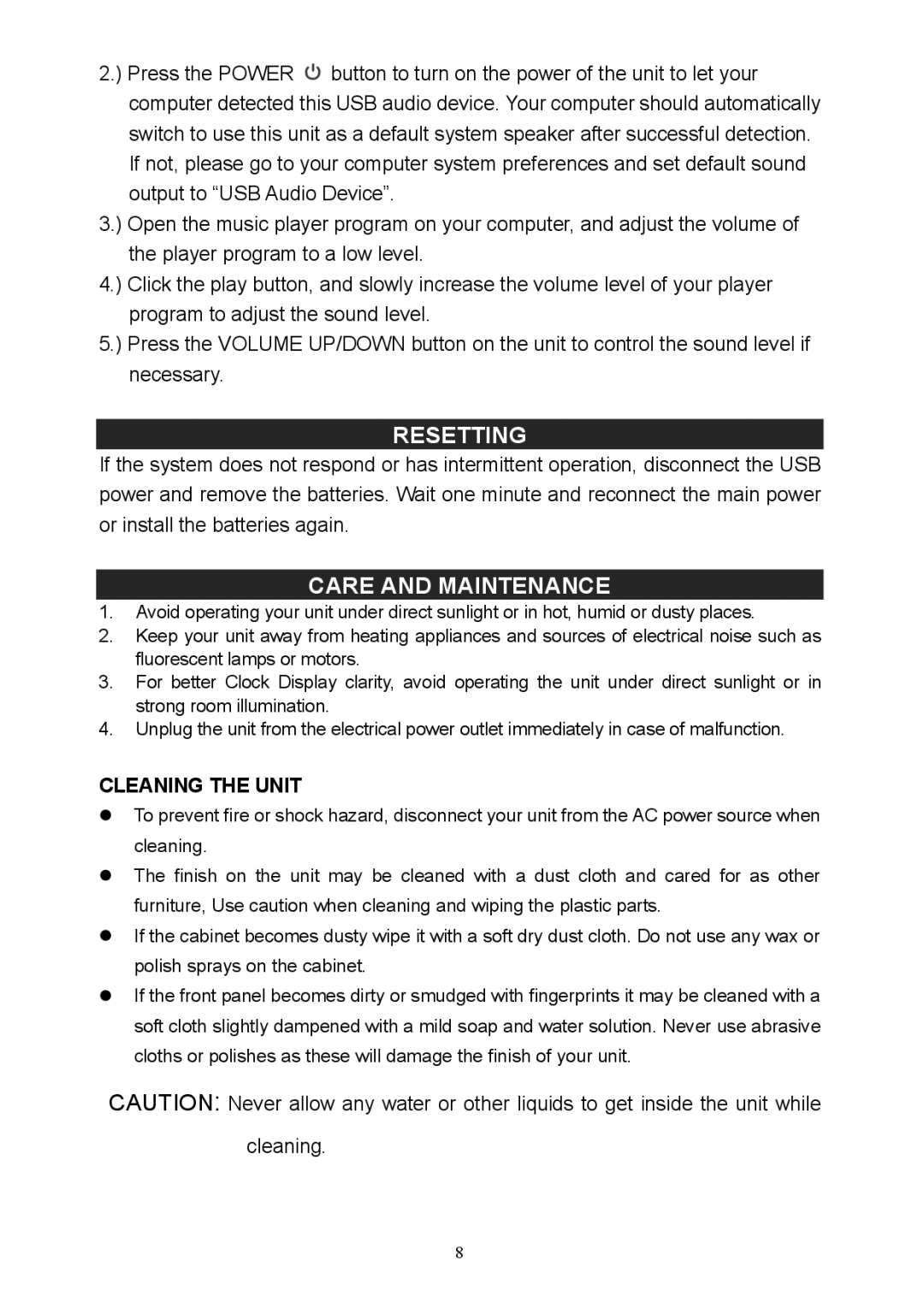 Jensen SMPS-200 user manual Resetting, Care and Maintenance, Cleaning the Unit 