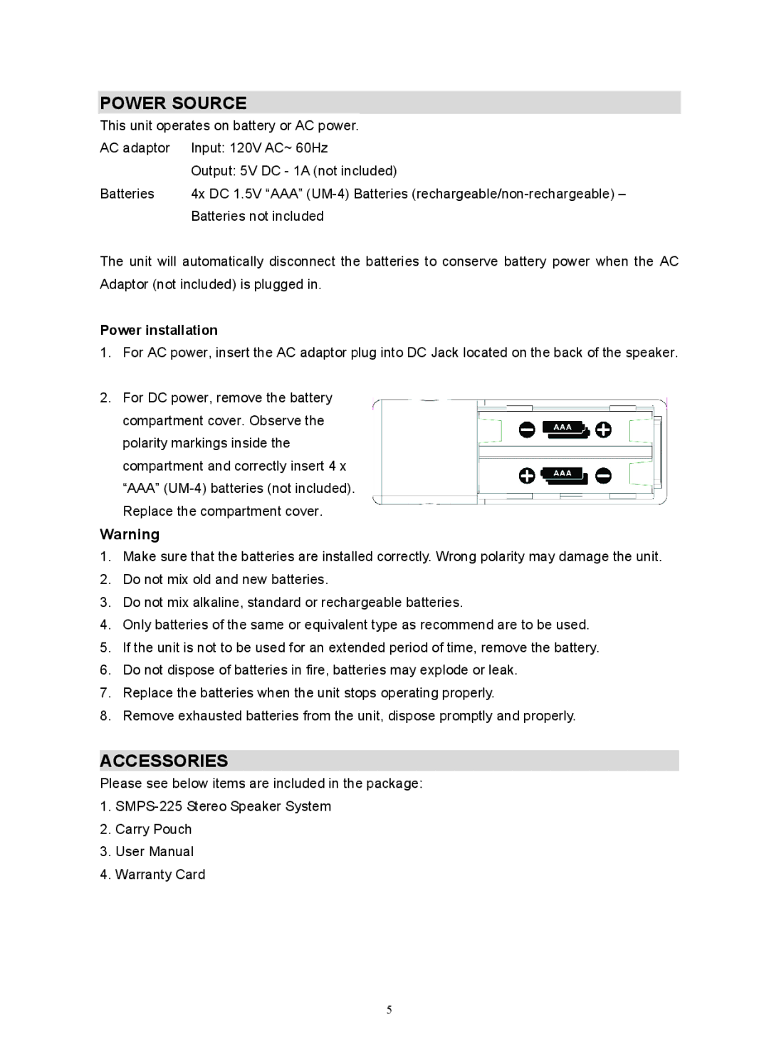 Jensen SMPS-225 user manual Power Source, Accessories, Power installation 