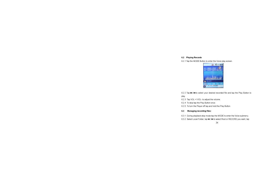 Jensen SMPV-xGBUB, SMPV-2GBUB user manual Playing Records, Managing recording files 