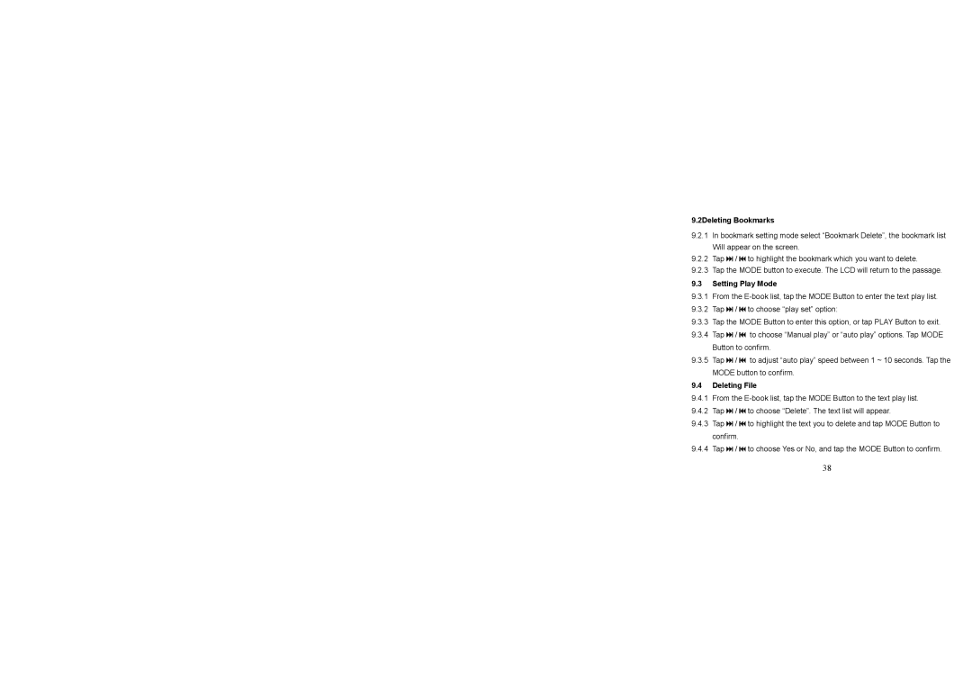 Jensen SMPV-xGBUB, SMPV-2GBUB user manual 2Deleting Bookmarks, Setting Play Mode 