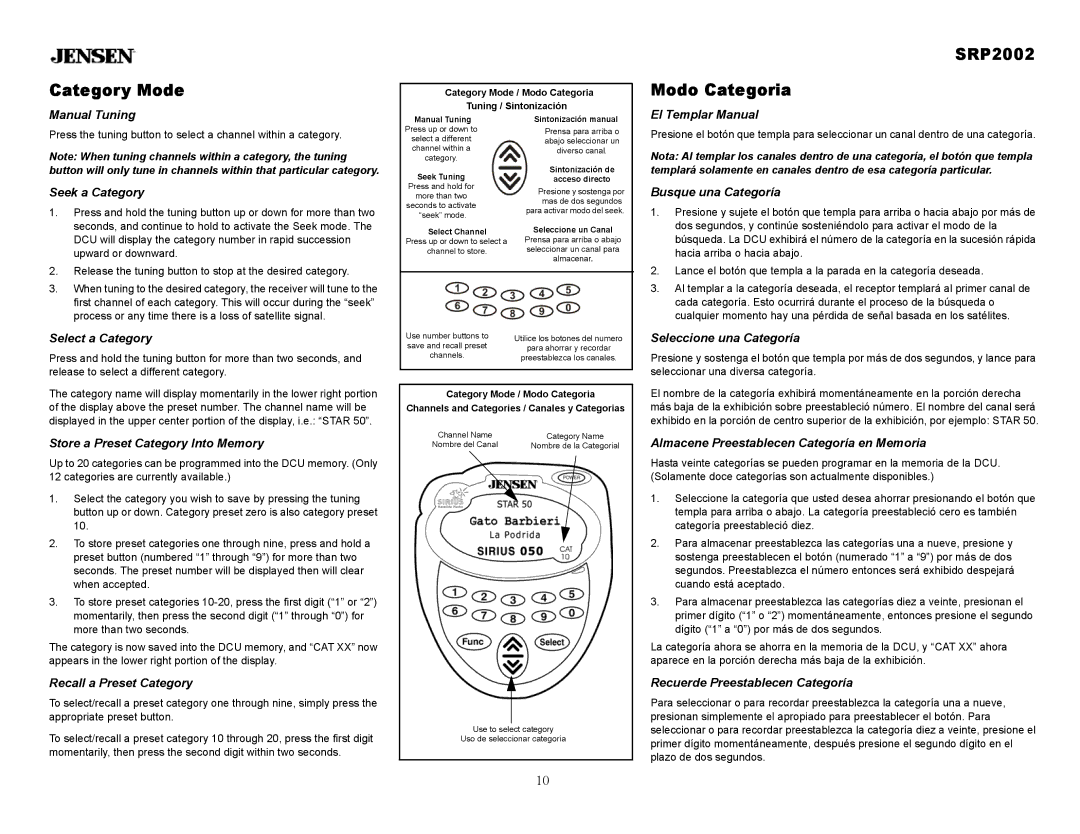Jensen owner manual Category Mode, SRP2002 Modo Categoria 