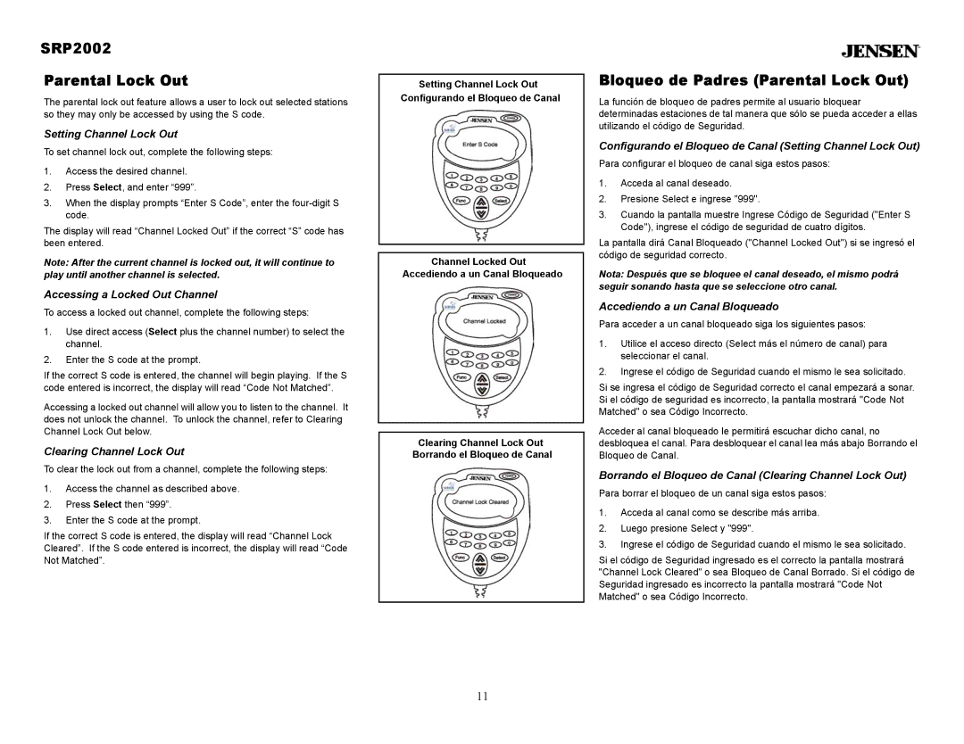 Jensen owner manual SRP2002 Parental Lock Out, Bloqueo de Padres Parental Lock Out 