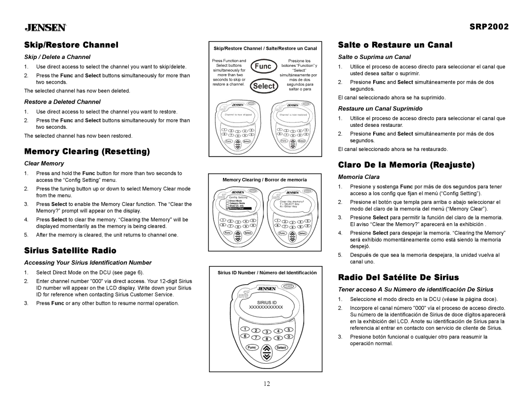 Jensen Skip/Restore Channel, Memory Clearing Resetting, Sirius Satellite Radio, SRP2002 Salte o Restaure un Canal 
