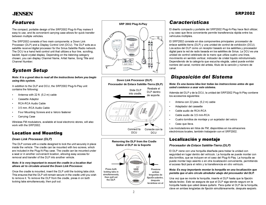 Jensen SRP2002 owner manual Features, System Setup, Características, Disposición del Sistema 