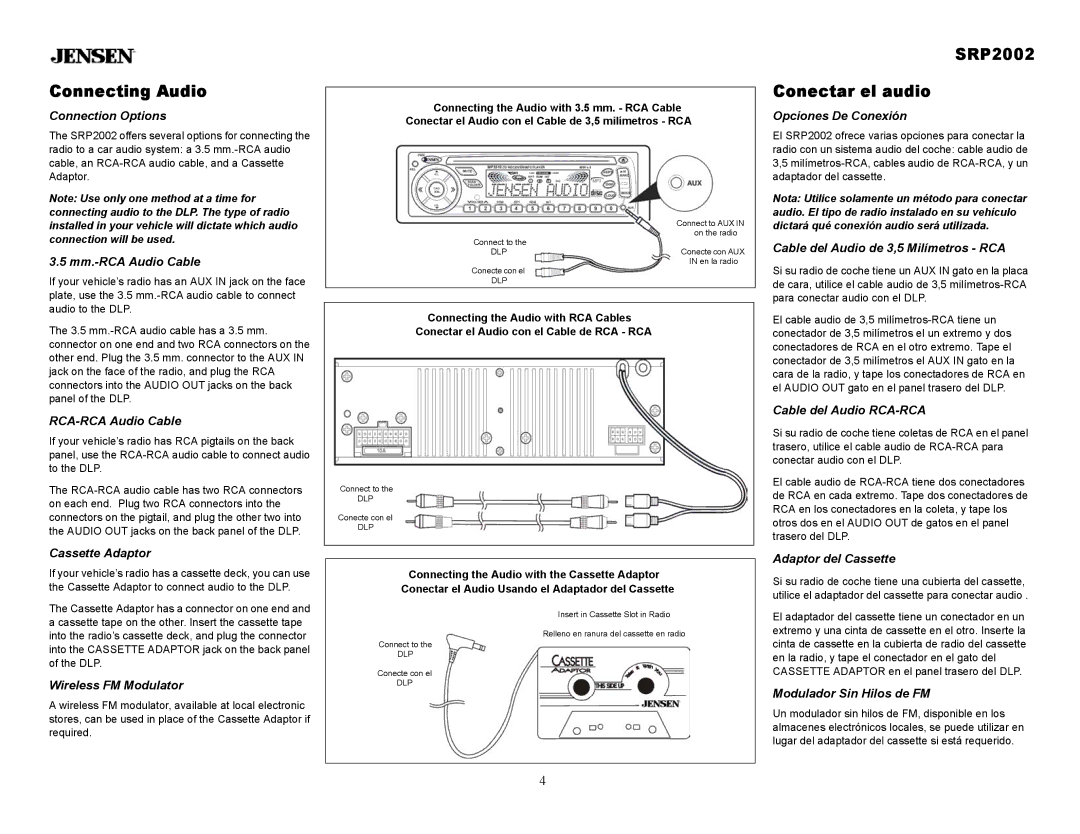 Jensen owner manual Connecting Audio, SRP2002 Conectar el audio 