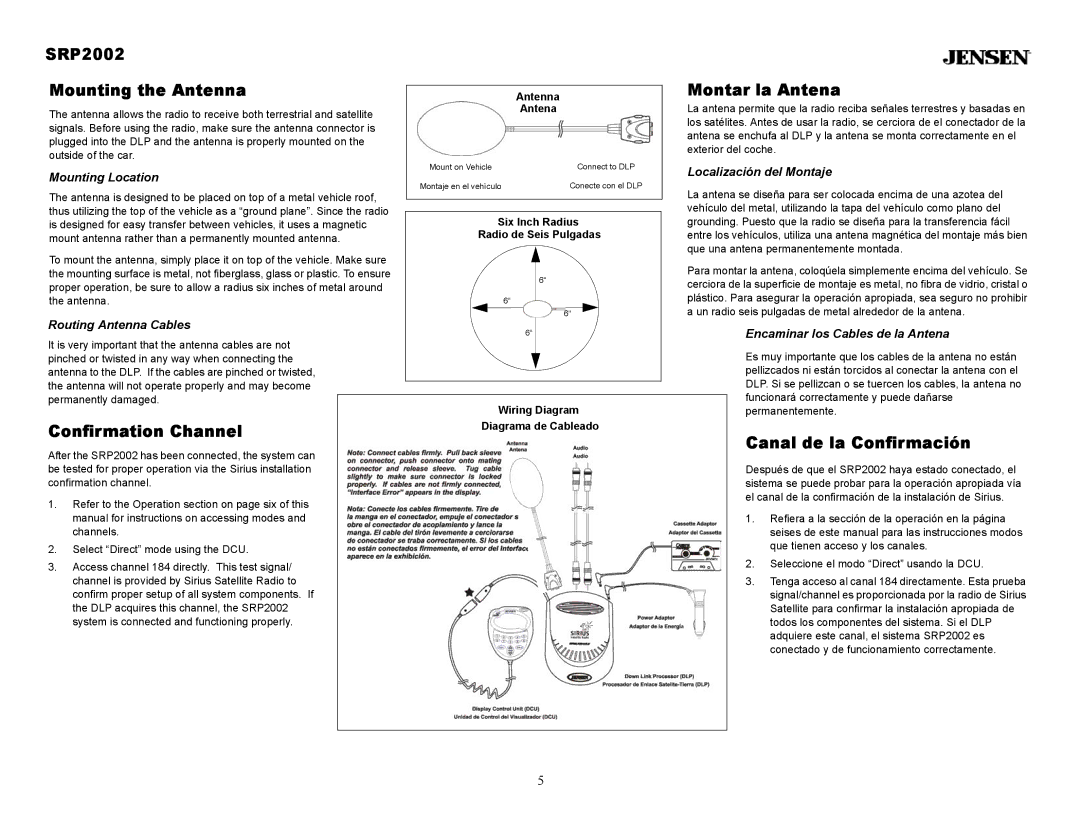 Jensen owner manual SRP2002 Mounting the Antenna Montar la Antena, Confirmation Channel, Canal de la Confirmación 