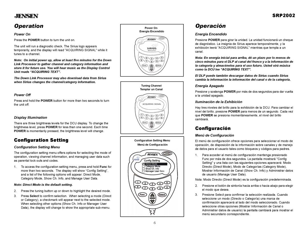 Jensen SRP2002 owner manual Operation, Operación, Configuration Setting, Configuración 