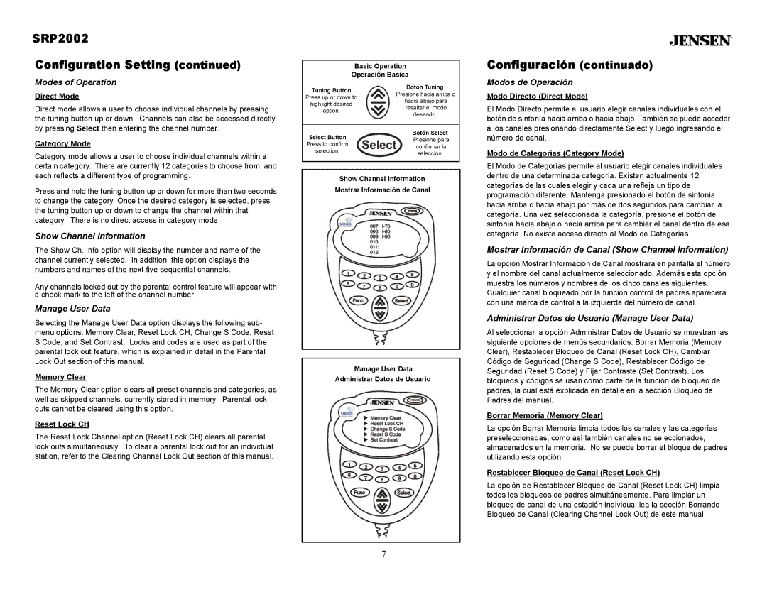 Jensen owner manual SRP2002 Configuration Setting, Configuración continuado 