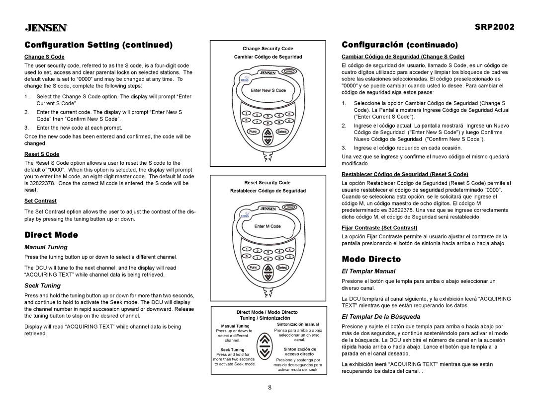 Jensen owner manual Direct Mode, SRP2002 Configuración continuado, Modo Directo 