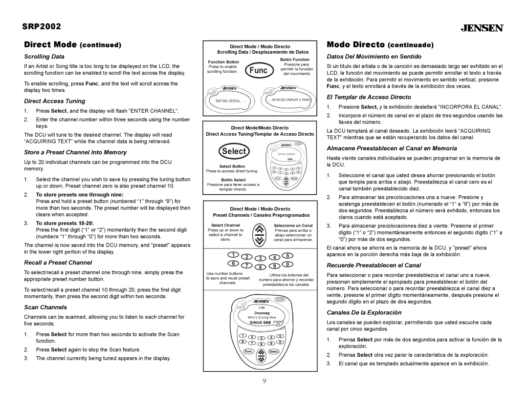 Jensen owner manual SRP2002 Direct Mode, Modo Directo continuado 