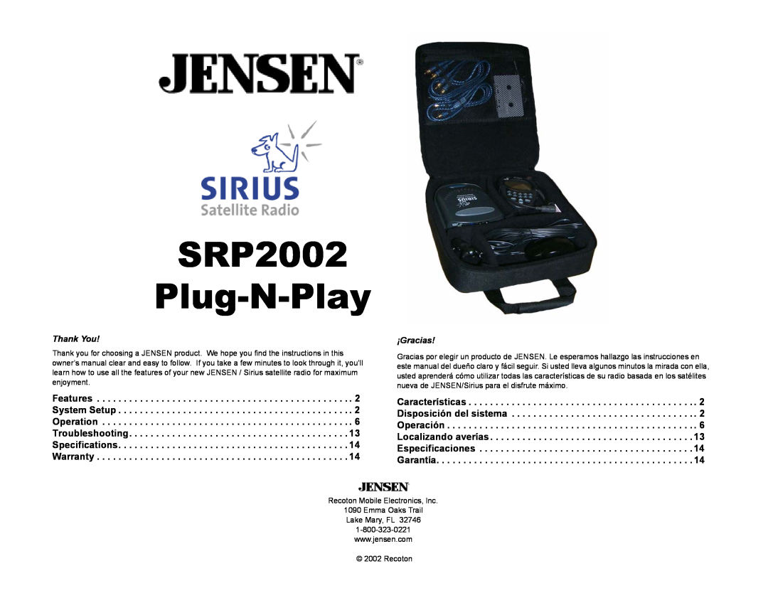 Jensen owner manual Thank You, SRP2002 Plug-N-Play 