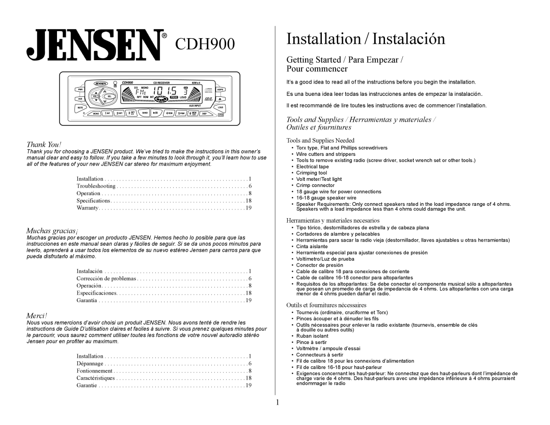 Jensen Tools CDH900 owner manual Getting Started / Para Empezar Pour commencer, Thank You, Muchas gracias¡, Merci 