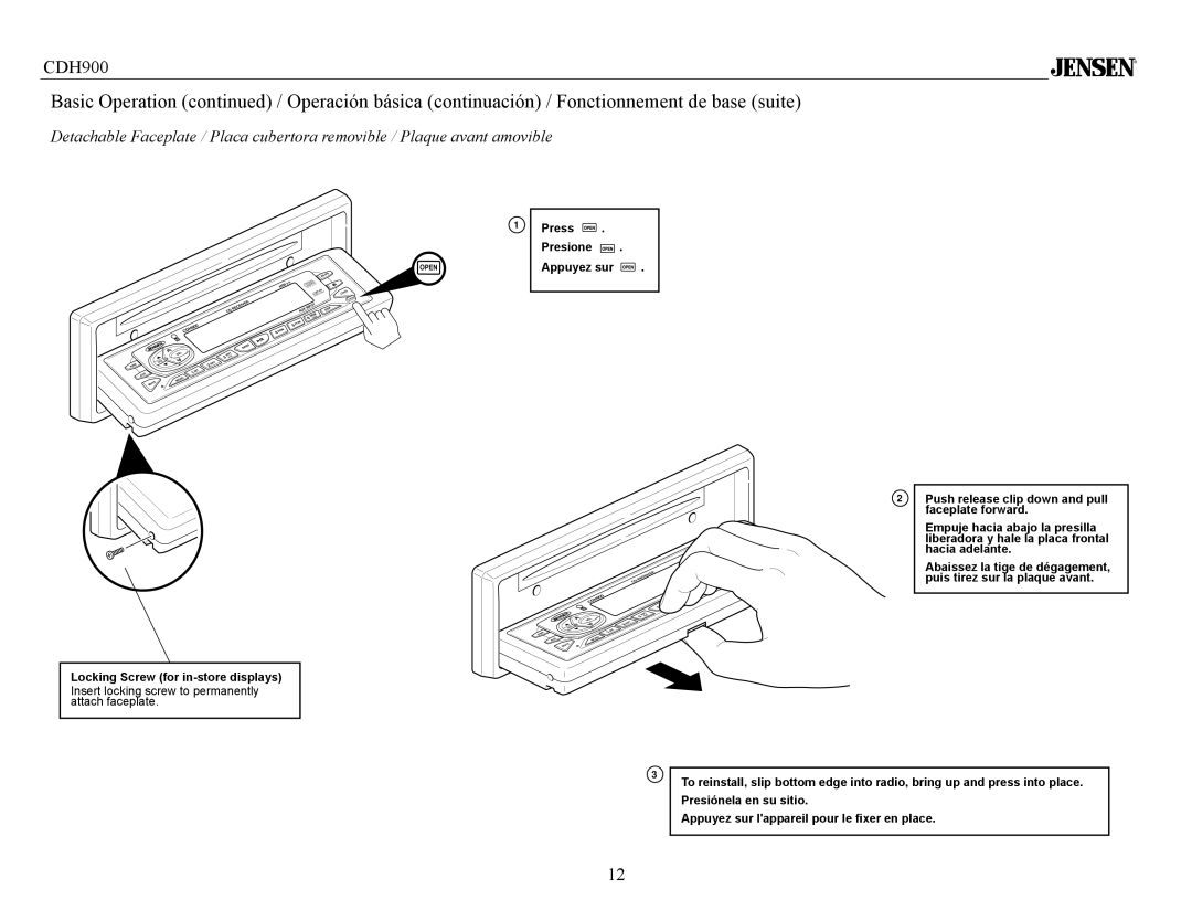 Jensen Tools CDH900 owner manual Locking Screw for in-store displays, Presiónela en su sitio 