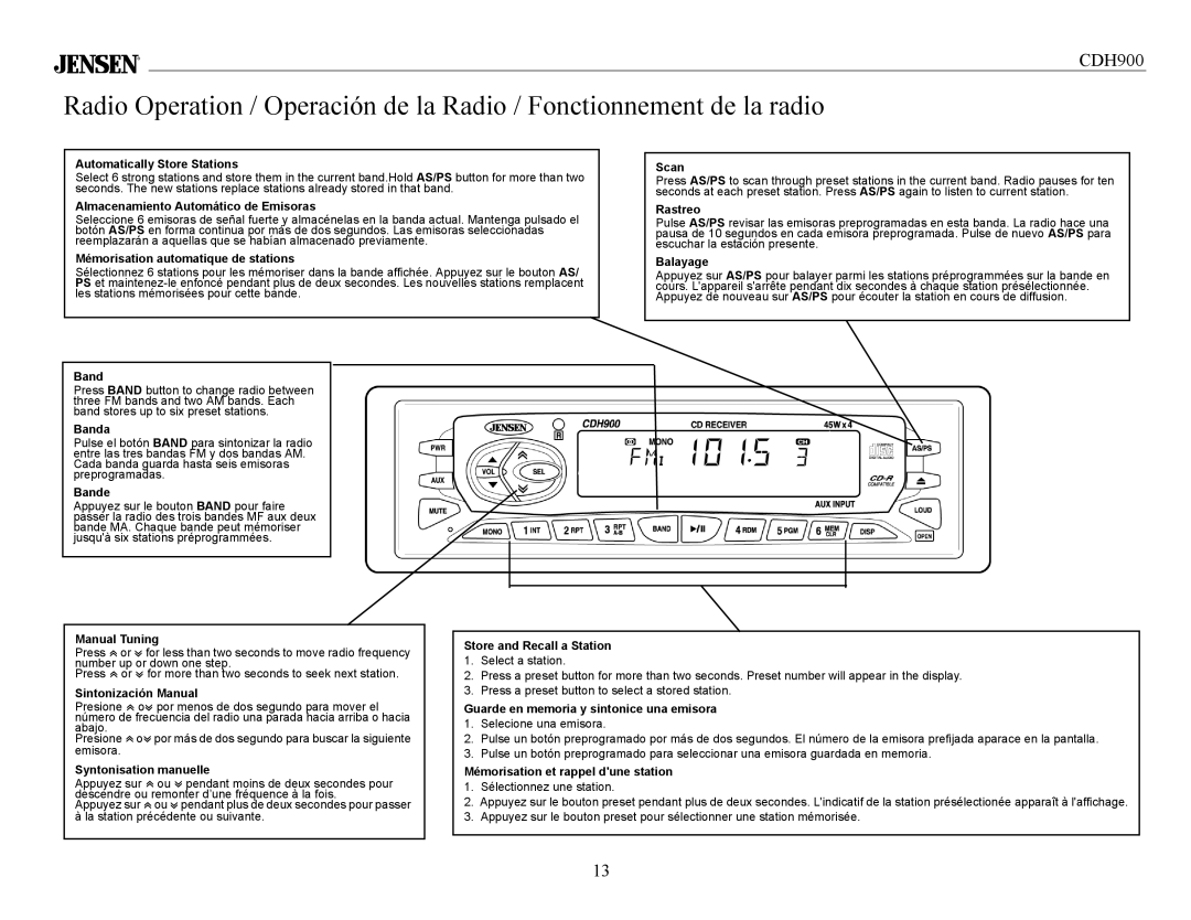 Jensen Tools CDH900 Automatically Store Stations Scan, Almacenamiento Automático de Emisoras Rastreo, Banda, Bande 