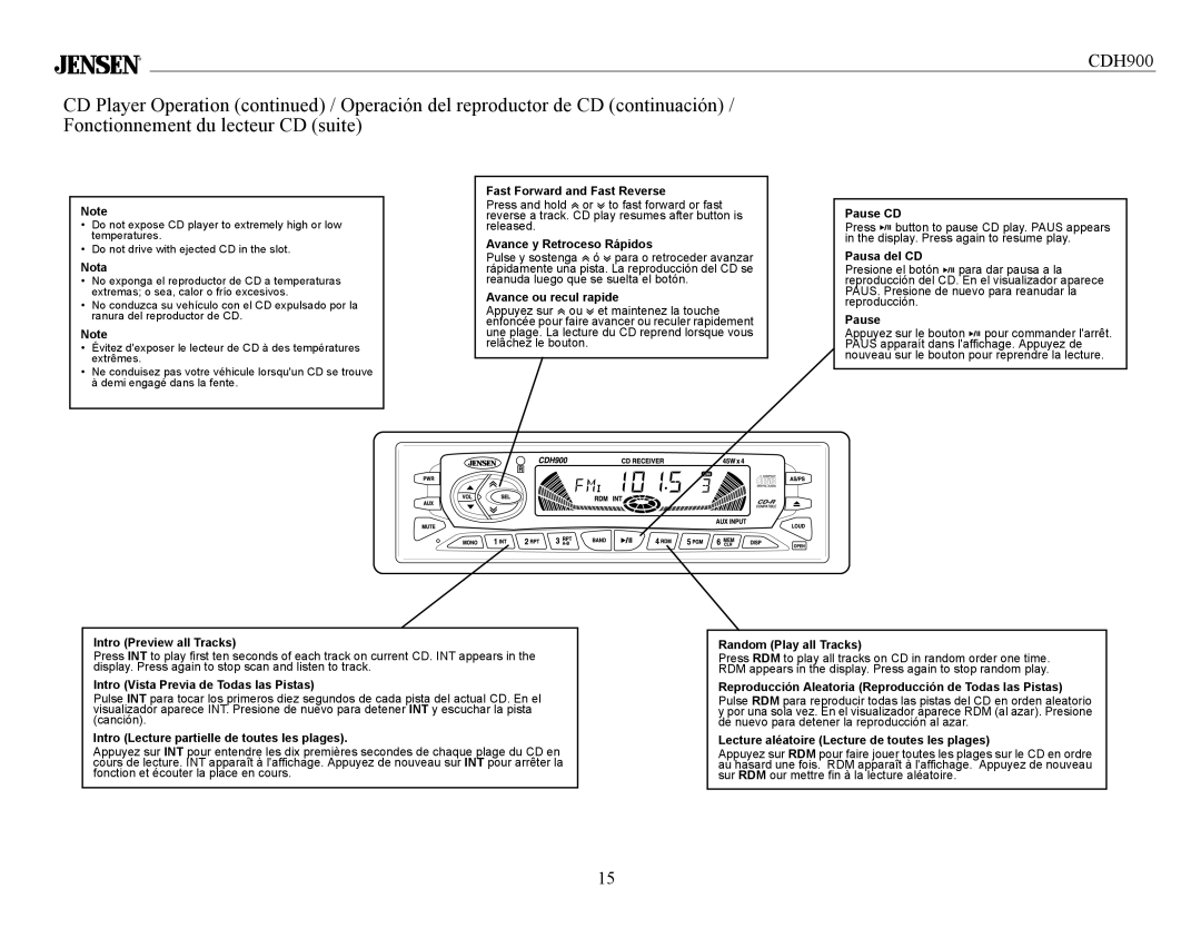 Jensen Tools CDH900 Nota, Fast Forward and Fast Reverse, Avance y Retroceso Rápidos, Avance ou recul rapide, Pause CD 