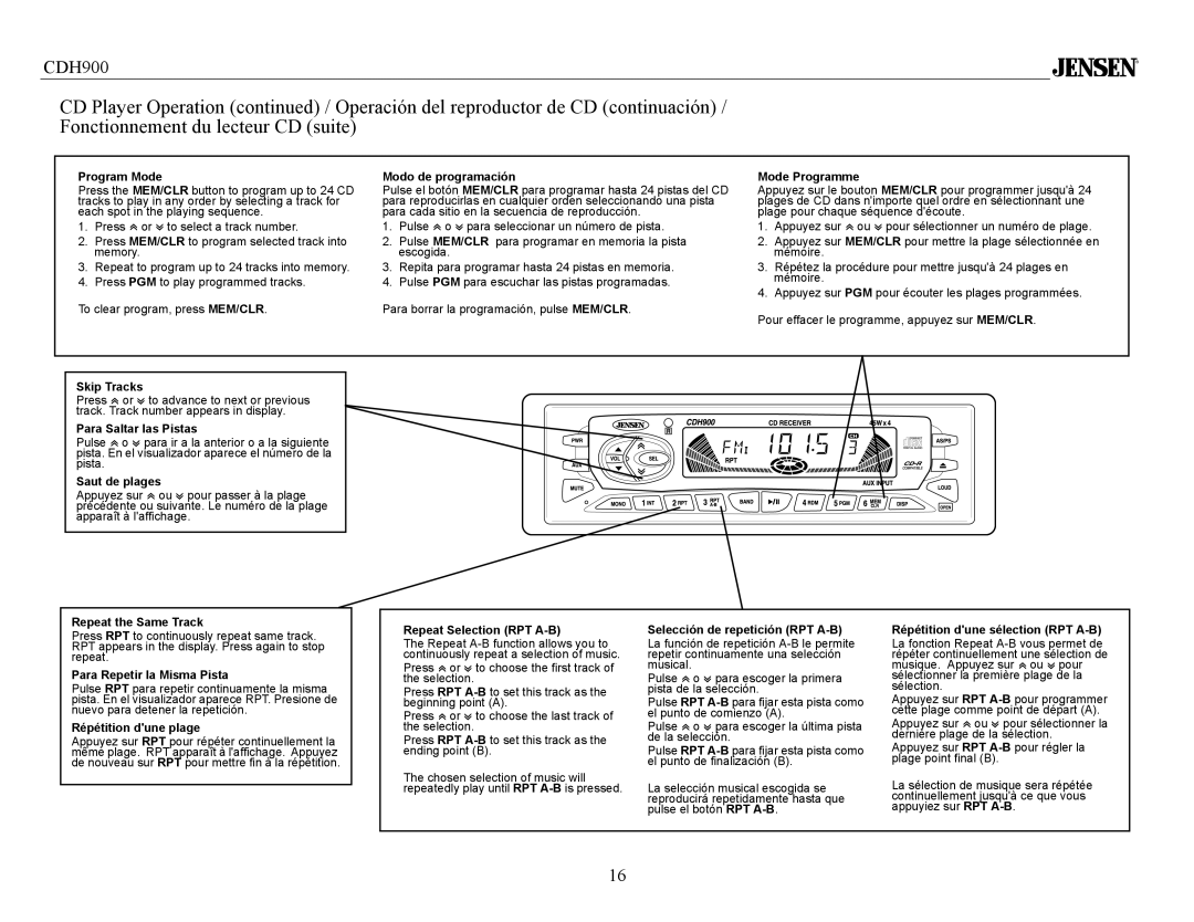 Jensen Tools CDH900 owner manual Program Mode, Modo de programación, Mode Programme, Skip Tracks, Para Saltar las Pistas 