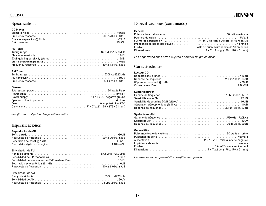 Jensen Tools CDH900 owner manual Specifications, Especificaciones continuado, Caractéristiques 