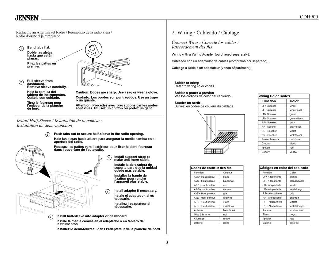 Jensen Tools CDH900 owner manual Wiring / Cableado / Câblage, Connect Wires / Conecte los cables Raccordement des fils 