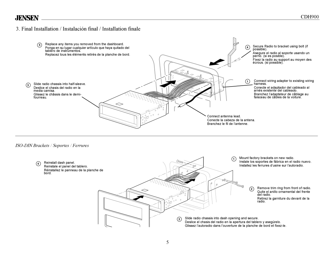 Jensen Tools CDH900 owner manual ISO-DIN Brackets / Soportes / Ferrures, Connect antenna lead 