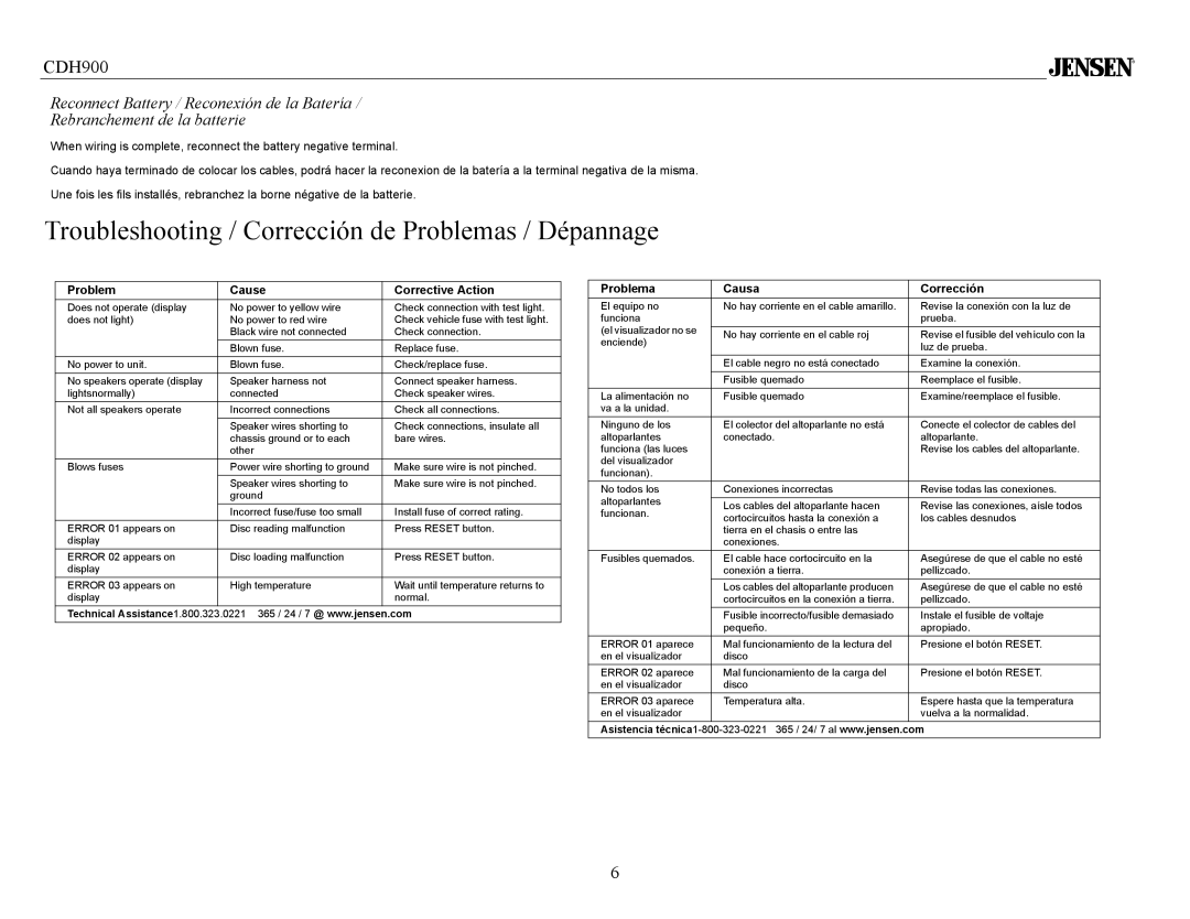 Jensen Tools CDH900 owner manual Problem Cause Corrective Action, Problema Causa Corrección 