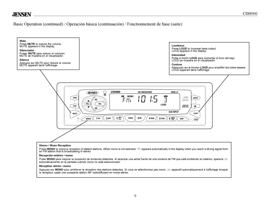 Jensen Tools CDH900 owner manual Mute, Silenciador, Silence, Loudness, Intensidad, Contour, Stereo / Mono Reception 