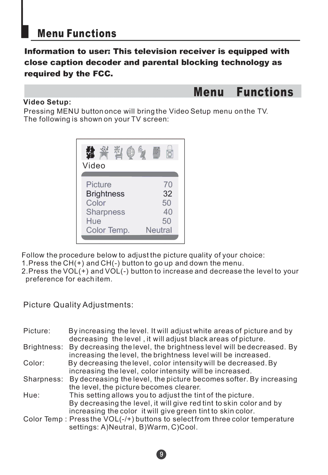 Jensen Tools CV2017J user manual Menu Functions, Video Setup 