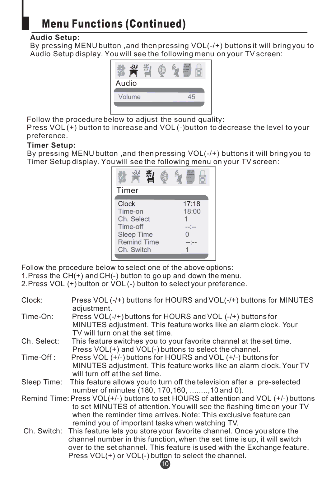 Jensen Tools CV2017J user manual Audio Setup, Timer Setup 