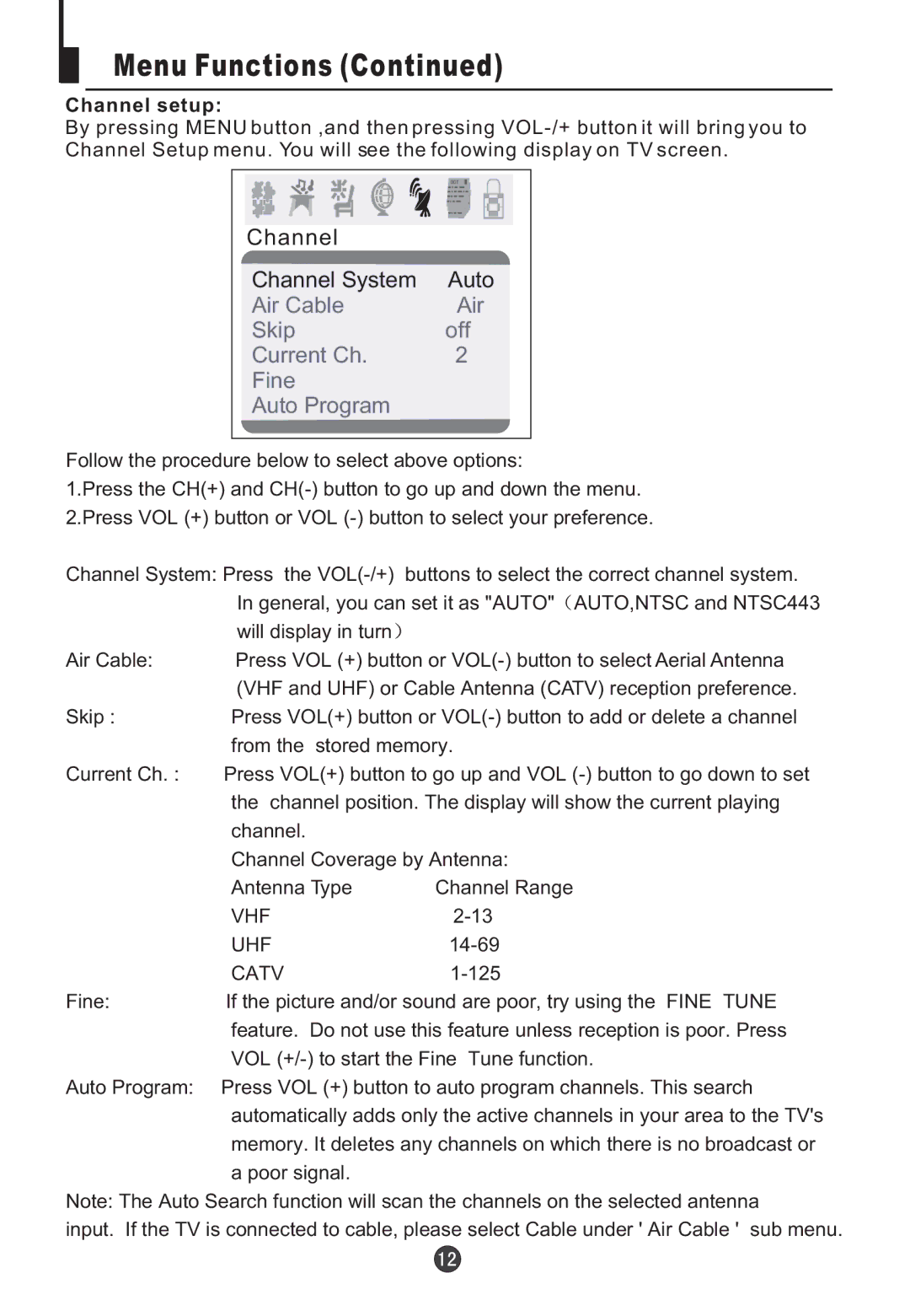 Jensen Tools CV2017J user manual Air Cable Skip Off Current Ch Fine Auto Program, Channel setup 