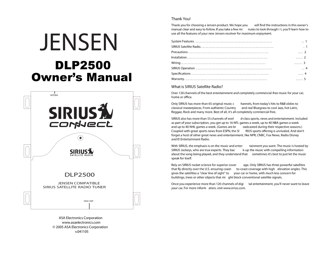 Jensen Tools DLP2500 owner manual Thank You, What is Sirius Satellite Radio? 