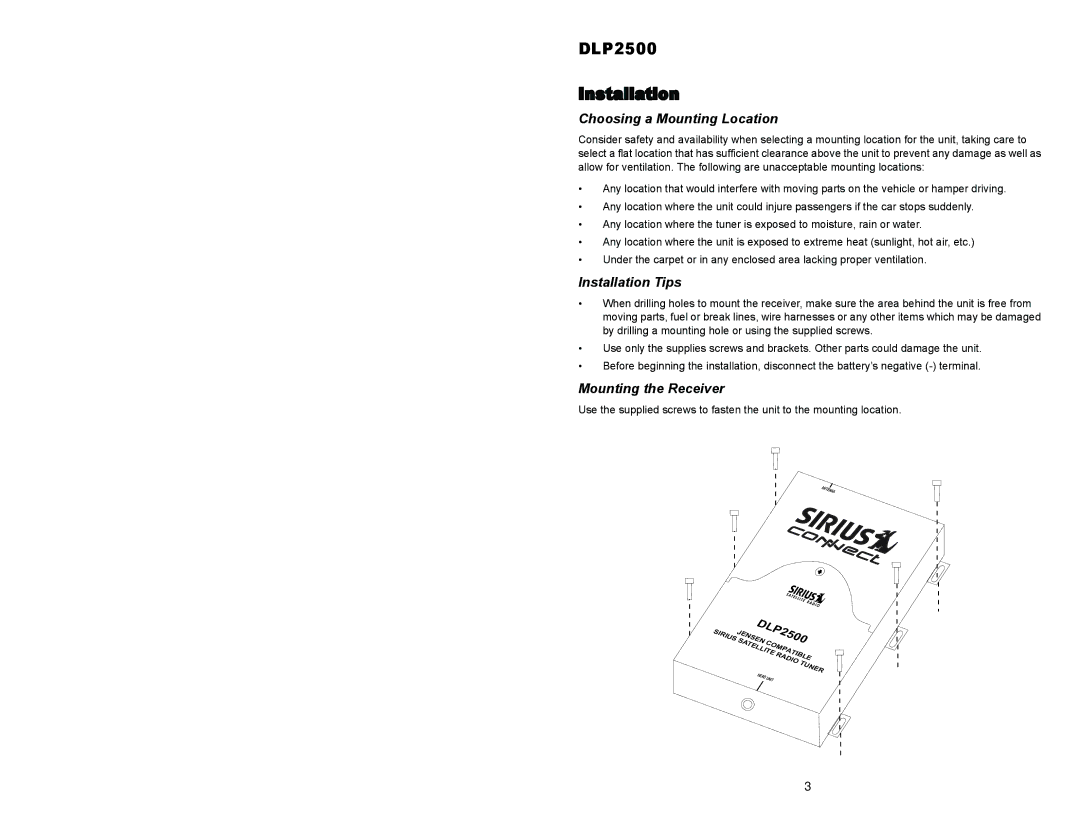 Jensen Tools DLP2500DLP2500 Installation, Choosing a Mounting Location, Installation Tips, Mounting the Receiver 