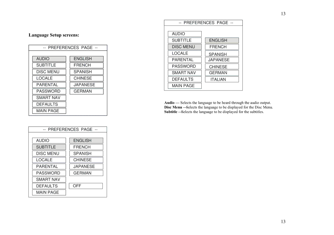 Jensen Tools DV1628 owner manual Language Setup screens 