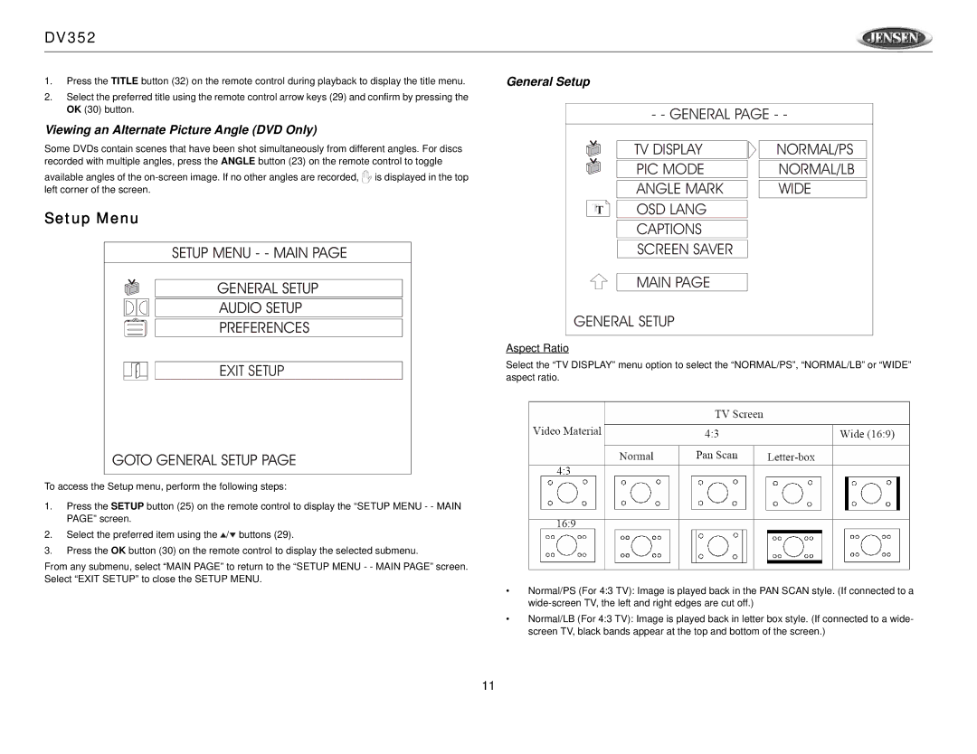 Jensen Tools DV352 owner manual Setup Menu, Viewing an Alternate Picture Angle DVD Only, General Setup, Aspect Ratio 