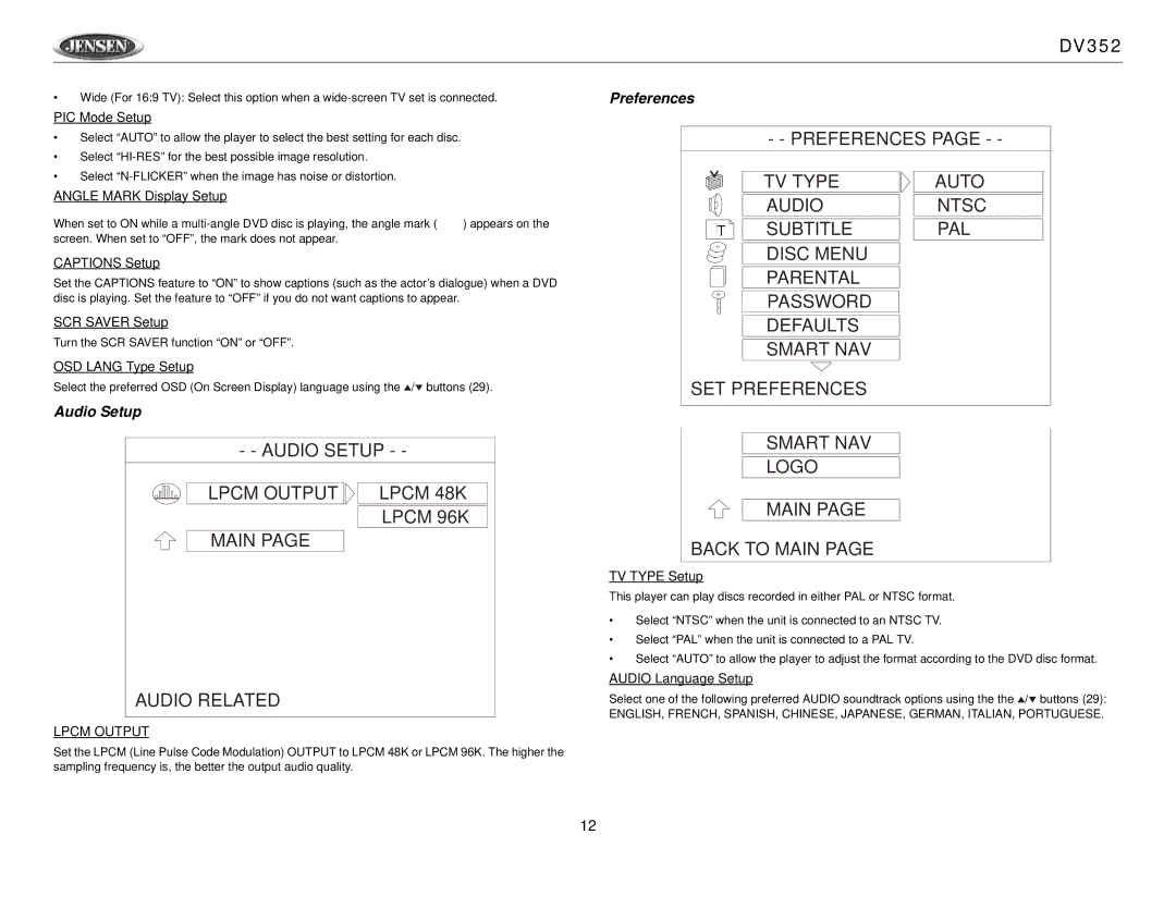 Jensen Tools DV352 owner manual Audio Setup 