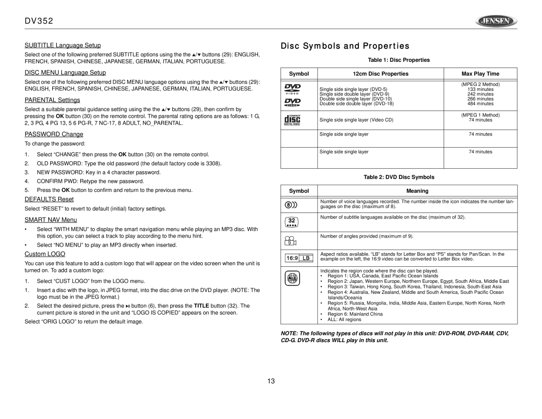 Jensen Tools DV352 owner manual Disc Symbols and Properties 