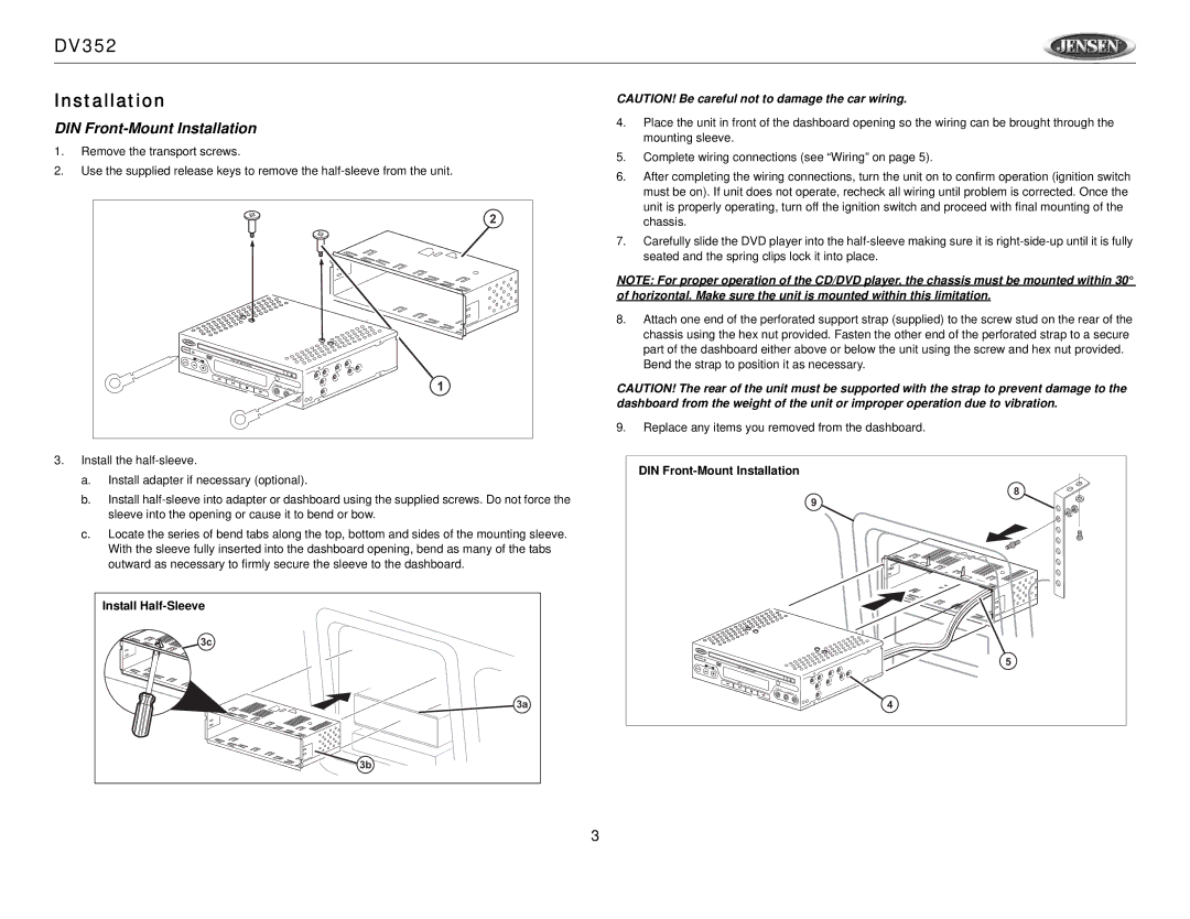 Jensen Tools owner manual DV352 Installation, DIN Front-Mount Installation 