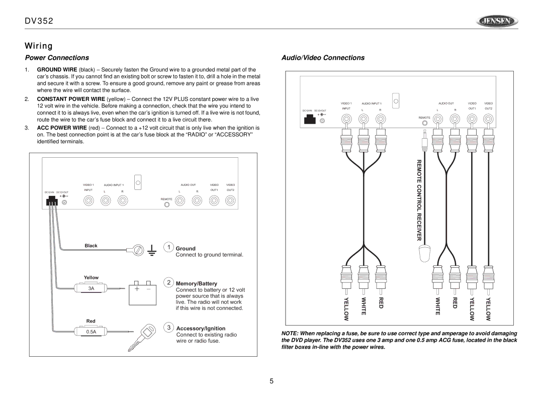 Jensen Tools owner manual DV352 Wiring, Power Connections Audio/Video Connections 