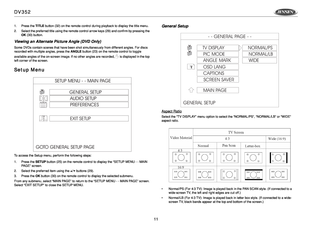 Jensen Tools DV352 owner manual Normal/Ps, Setup Menu - - Main Page, Normal/Lb 