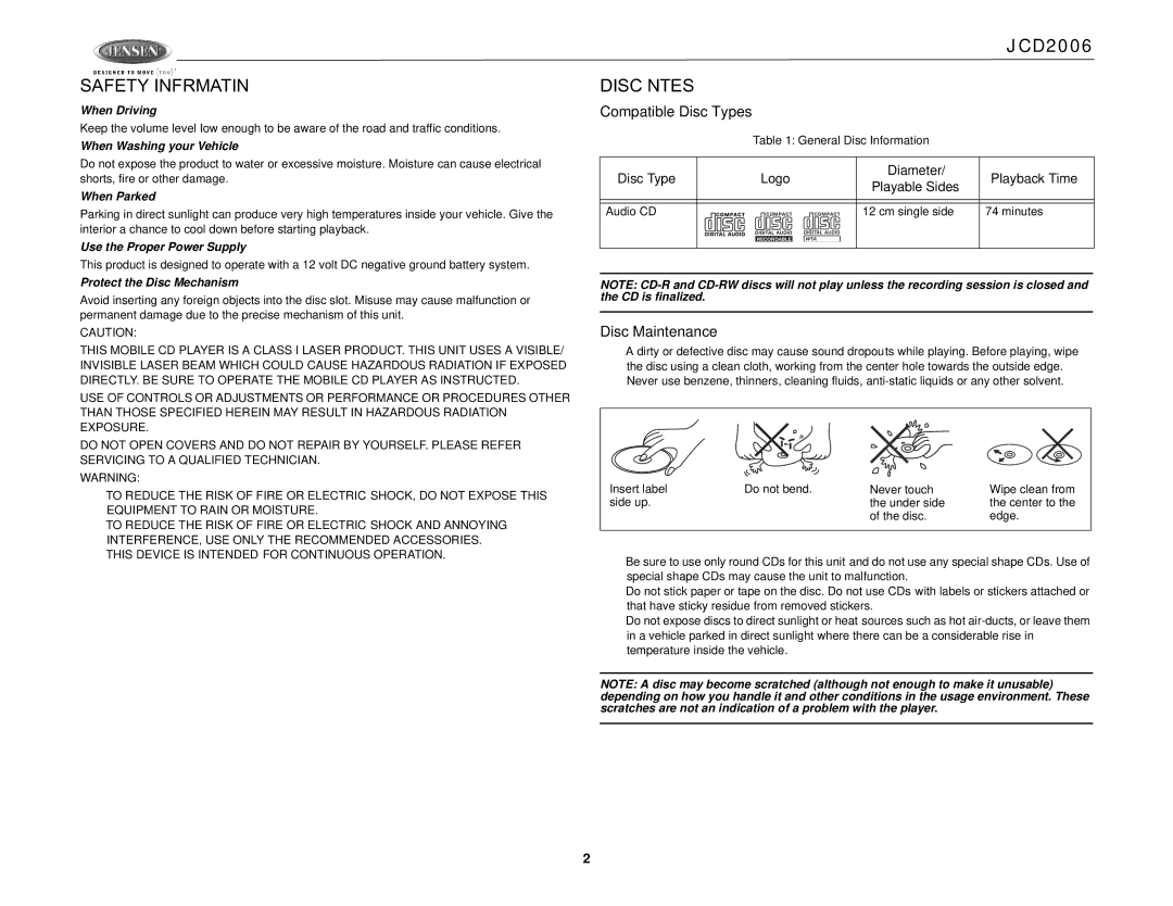 Jensen Tools JCD2006 operation manual Safety Information, Disc Notes, Compatible Disc Types, Disc Maintenance 