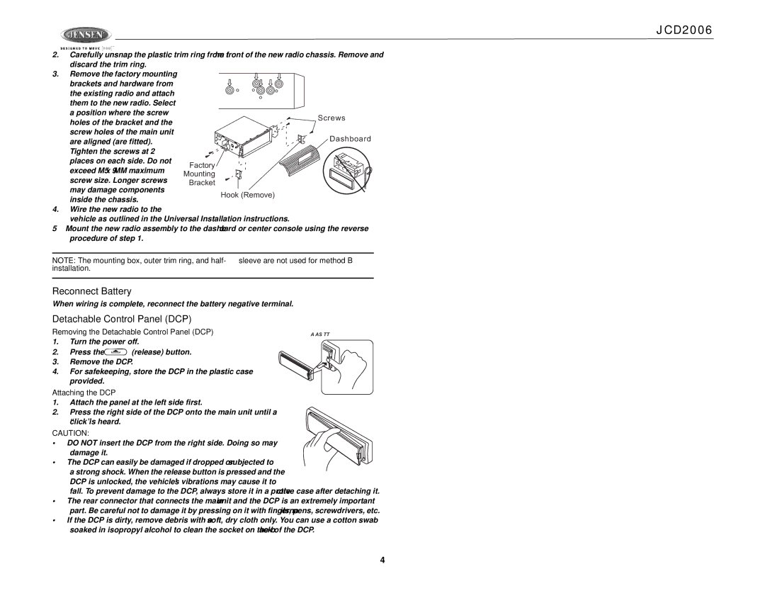 Jensen Tools JCD2006 operation manual Reconnect Battery, Removing the Detachable Control Panel DCP, Attaching the DCP 