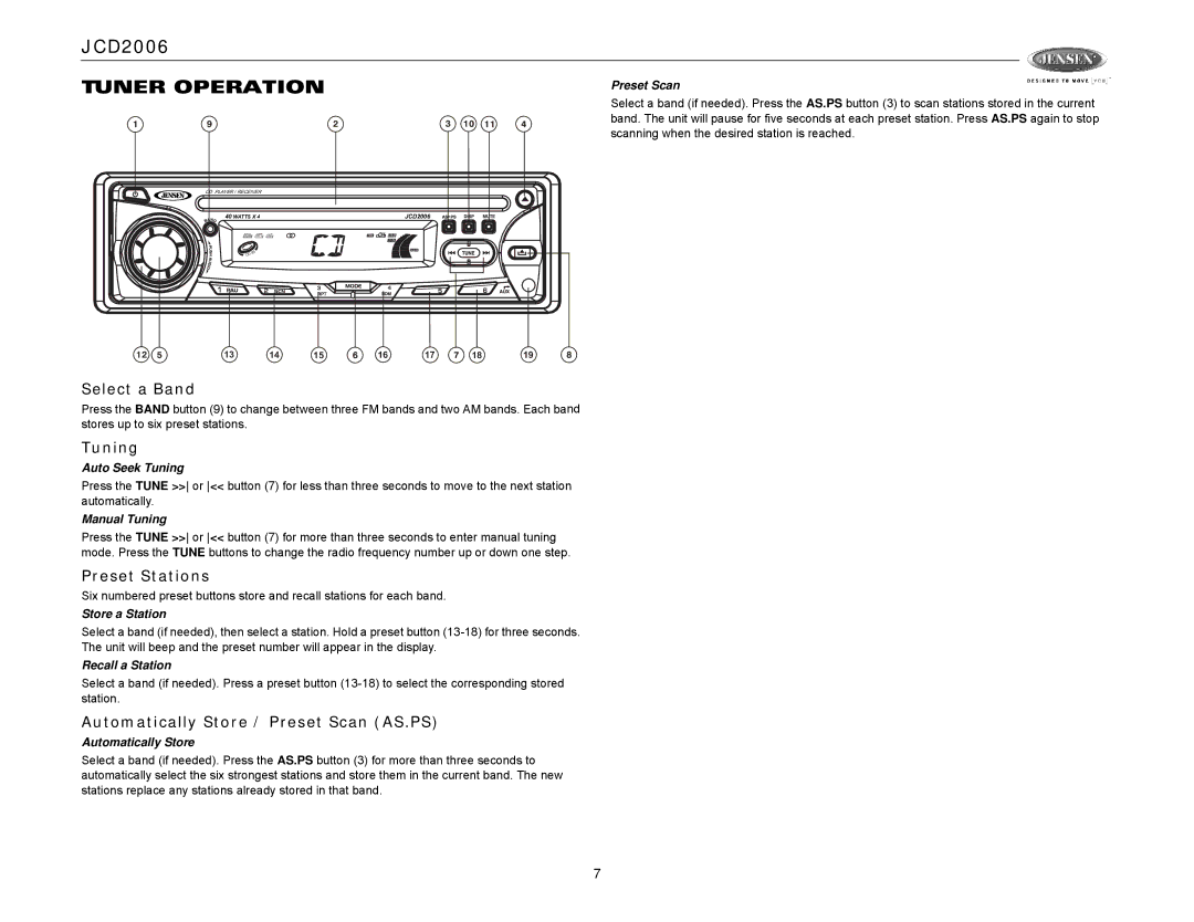 Jensen Tools JCD2006 operation manual Select a Band, Tuning, Preset Stations, Automatically Store / Preset Scan AS.PS 