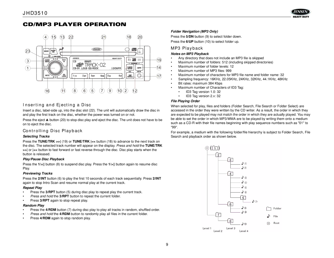 Jensen Tools JHD3510 CD/MP3 Player Operation, MP3 Playback, Inserting and Ejecting a Disc, Controlling Disc Playback 