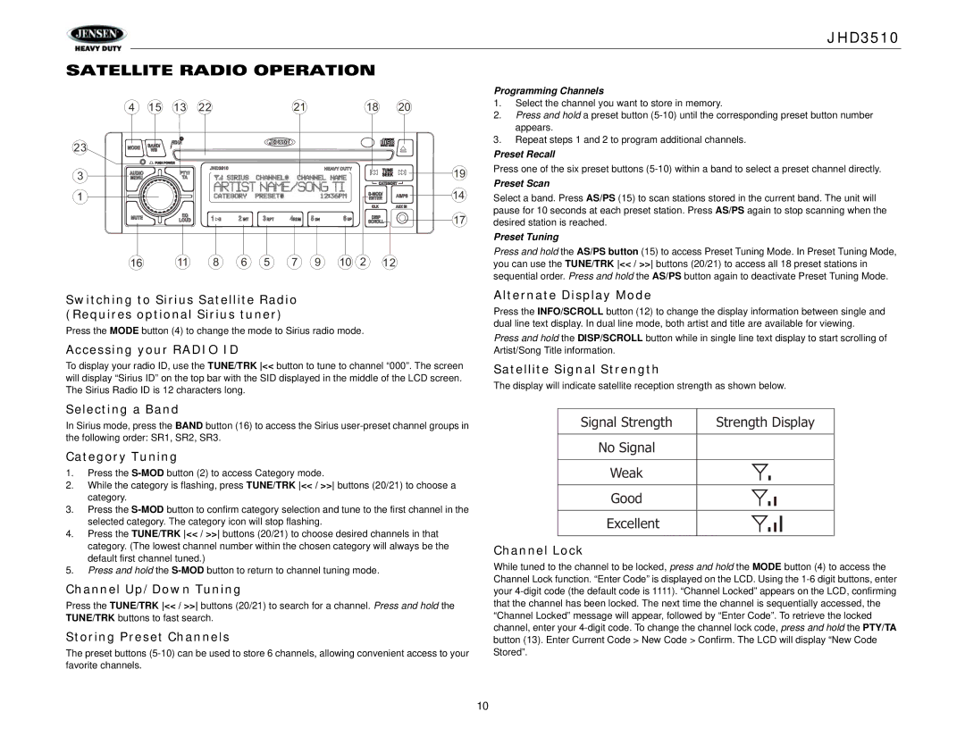 Jensen Tools JHD3510 operation manual Satellite Radio Operation 