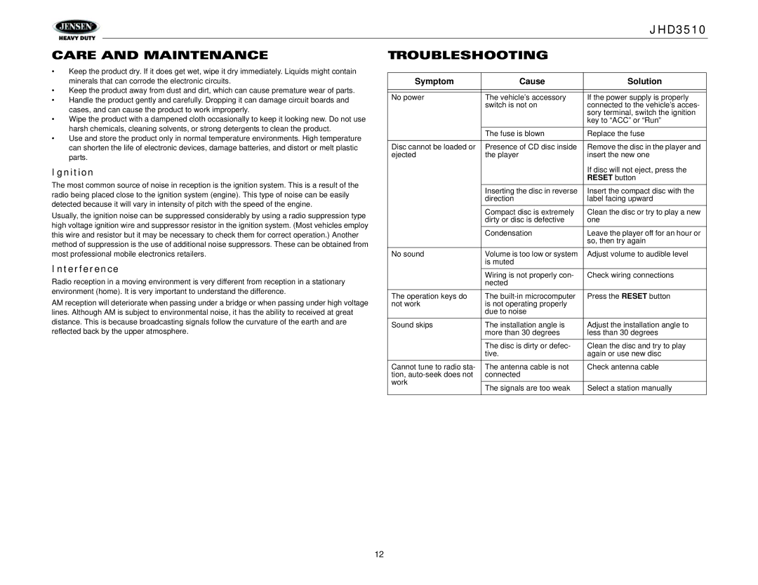 Jensen Tools JHD3510 operation manual Care and Maintenance Troubleshooting, Ignition, Interference 